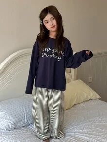 Dazy Kids Tween Girl Casual Straight Leg T-Shirt Top + Straight Leg Casual Pants Striped Minimalist Basic Style Autumn/Winter 2 Pieces Set Loungewear - Navy Blue - View 3