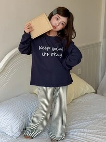 Dazy Kids Tween Girl Casual Straight Leg T-Shirt Top + Straight Leg Casual Pants Striped Minimalist Basic Style Autumn/Winter 2 Pieces Set Loungewear - Navy Blue - View 5