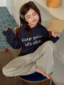 Dazy Kids Tween Girl Casual Straight Leg T-Shirt Top + Straight Leg Casual Pants Striped Minimalist Basic Style Autumn/Winter 2 Pieces Set Loungewear - Navy Blue - View 8