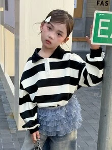 Dazy Kids Tween Girl Lapel Black & White Contrast Stripe Loose Casual Autumn/Winter Design Sweatshirt - Black and White - View 3