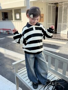 Dazy Kids Tween Girl Lapel Black & White Contrast Stripe Loose Casual Autumn/Winter Design Sweatshirt - Black and White - View 1