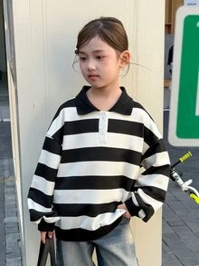 Dazy Kids Tween Girl Lapel Black & White Contrast Stripe Loose Casual Autumn/Winter Design Sweatshirt - Black and White - View 7