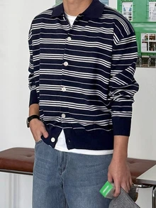 DAZY Men's Blue And White Striped Button-Up Cardigan Sweater, Autumn/Winter - Blue and White - View 4