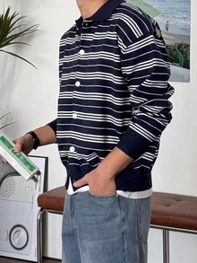 DAZY Men's Blue And White Striped Button-Up Cardigan Sweater, Autumn/Winter - Blue and White - View 3
