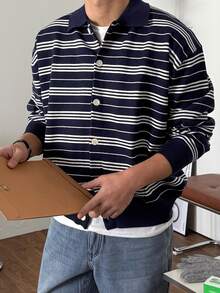 DAZY Men's Blue And White Striped Button-Up Cardigan Sweater, Autumn/Winter - Blue and White - View 2