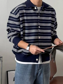 DAZY Men's Blue And White Striped Button-Up Cardigan Sweater, Autumn/Winter - Blue and White - View 6