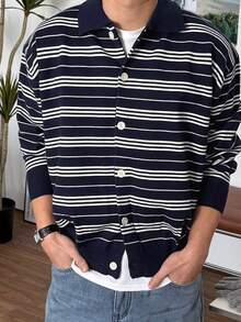 DAZY Men's Blue And White Striped Button-Up Cardigan Sweater, Autumn/Winter - Blue and White - View 1