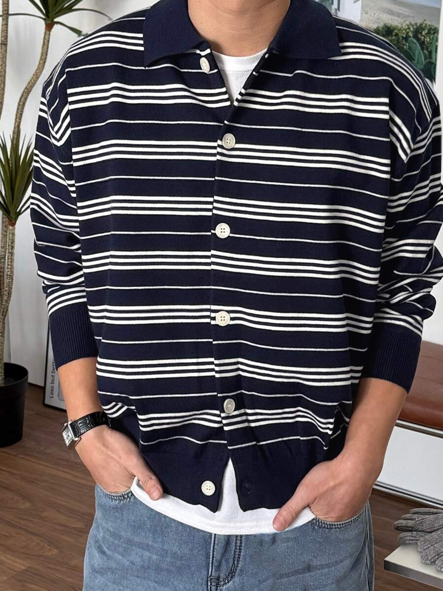 DAZY Men's Blue And White Striped Button-Up Cardigan Sweater, Autumn/Winter - Blue and White - View 1