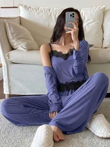 DAZY 女款蕾絲拼接細肩帶上衣與長褲休閒居家睡衣套裝 秋季睡衣 - 霧霾藍 - 查看 3