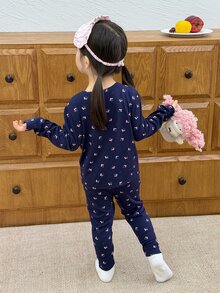 Dazy Kids Infant/Toddler (Girl) V-Neck Lace Long Sleeve All-Over Print Korean Style 2 Pieces Loungewear Set - Black - View 2