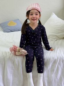 Dazy Kids Infant/Toddler (Girl) V-Neck Lace Long Sleeve All-Over Print Korean Style 2 Pieces Loungewear Set - Black - View 4