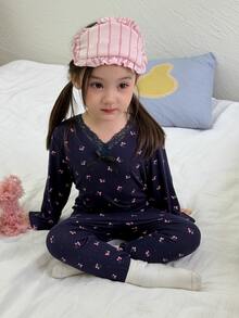 Dazy Kids Infant/Toddler (Girl) V-Neck Lace Long Sleeve All-Over Print Korean Style 2 Pieces Loungewear Set - Black - View 5