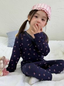 Dazy Kids Infant/Toddler (Girl) V-Neck Lace Long Sleeve All-Over Print Korean Style 2 Pieces Loungewear Set - Black - View 1