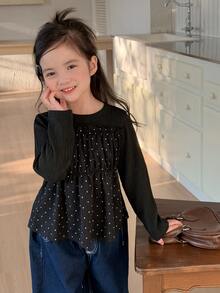 Dazy Kids Young Girl) Round Neck Polka Dot Long Sleeve Casual Spring/Autumn Inner Layer Design T-Shirt - Black - View 5