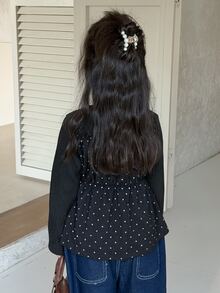 Dazy Kids Young Girl) Round Neck Polka Dot Long Sleeve Casual Spring/Autumn Inner Layer Design T-Shirt - Black - View 2