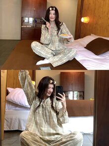 DAZY Women's Plaid Long Sleeve Top And Pants Casual Daily Home Pajama Set - Yellow - View 3