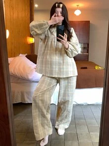 DAZY Women's Plaid Long Sleeve Top And Pants Casual Daily Home Pajama Set - Yellow - View 8