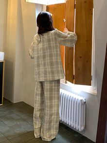 DAZY Women's Plaid Long Sleeve Top And Pants Casual Daily Home Pajama Set - Yellow - View 2
