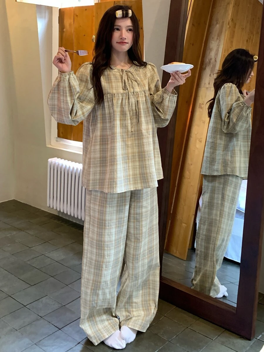 DAZY Women's Plaid Long Sleeve Top And Pants Casual Daily Home Pajama Set - Yellow - View 1