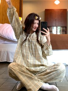 DAZY Women's Plaid Long Sleeve Top And Pants Casual Daily Home Pajama Set - Yellow - View 9