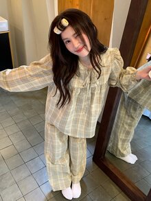 DAZY Women's Plaid Long Sleeve Top And Pants Casual Daily Home Pajama Set - Yellow - View 5