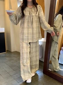 DAZY Women's Plaid Long Sleeve Top And Pants Casual Daily Home Pajama Set - Yellow - View 7