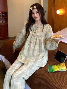 DAZY Women's Plaid Long Sleeve Top And Pants Casual Daily Home Pajama Set - Yellow - View 4