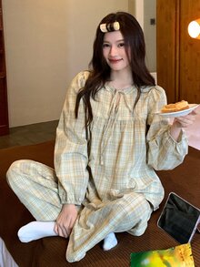 DAZY Women's Plaid Long Sleeve Top And Pants Casual Daily Home Pajama Set - Yellow - View 6