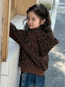 Dazy Kids Young Girl) Leopard Print Hooded Long Sleeve Autumn/Winter Casual Sweatshirt - Brown - View 6