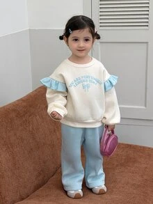 Dazy Kids Infant (Girl) Round Neck Long Sleeve Ruffle Trim Sweatshirt Set - Baby Blue - View 4