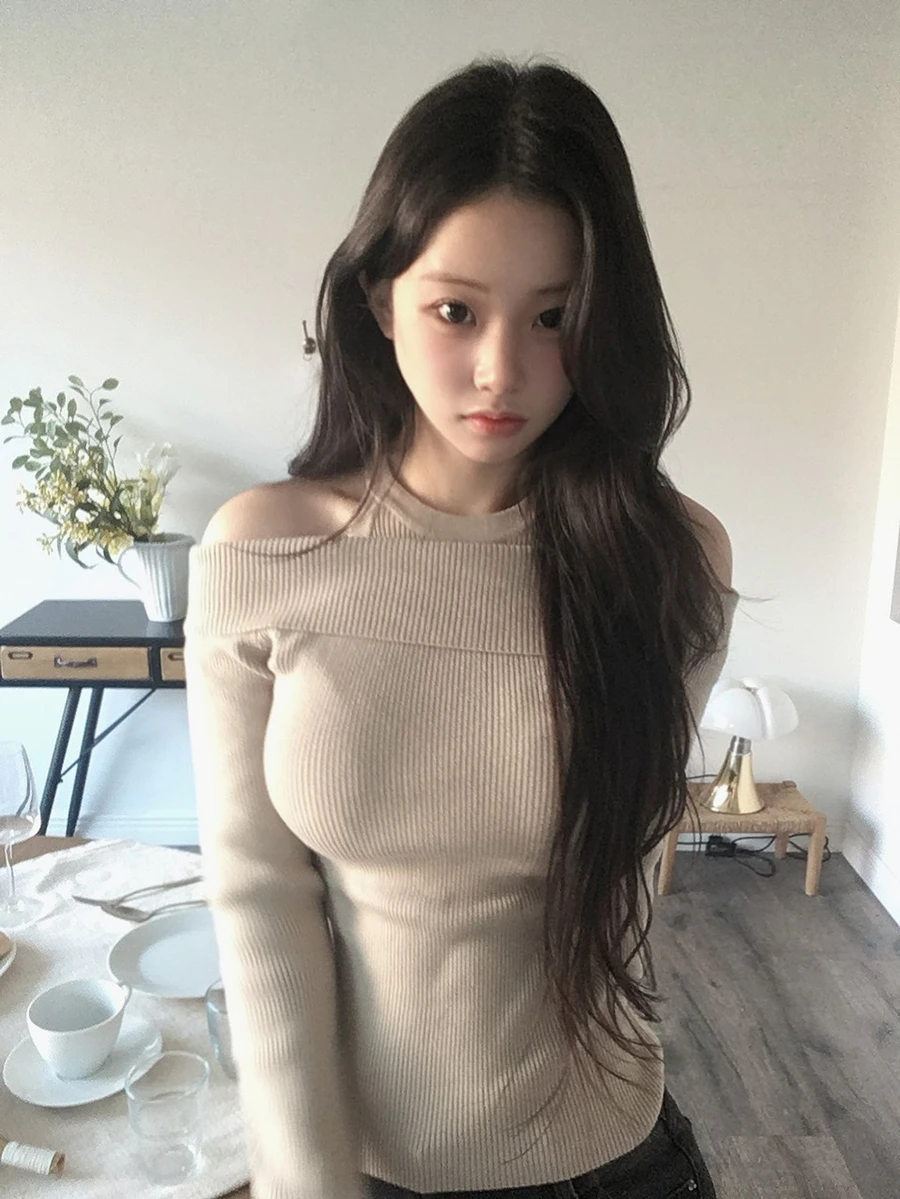 DAZY Solid Color Slim Fit Cold Shoulder Long Sleeve Elegant Vacation Korean Style Autumn/Winter Knit Sweater For Women - Apricot - View 1