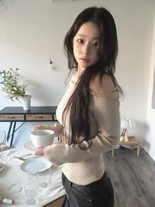 DAZY Solid Color Slim Fit Cold Shoulder Long Sleeve Elegant Vacation Korean Style Autumn/Winter Knit Sweater For Women - Apricot - View 5