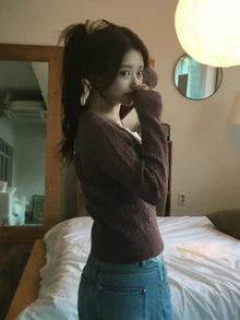 DAZY Women's Contrast Lace 2 In 1 Fitted Long Sleeve Casual Korean Style Daily Vacation Spring Autumn Knit Sweater - Burgundy - View 2