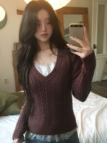 DAZY Women's Contrast Lace 2 In 1 Fitted Long Sleeve Casual Korean Style Daily Vacation Spring Autumn Knit Sweater - Burgundy - View 6