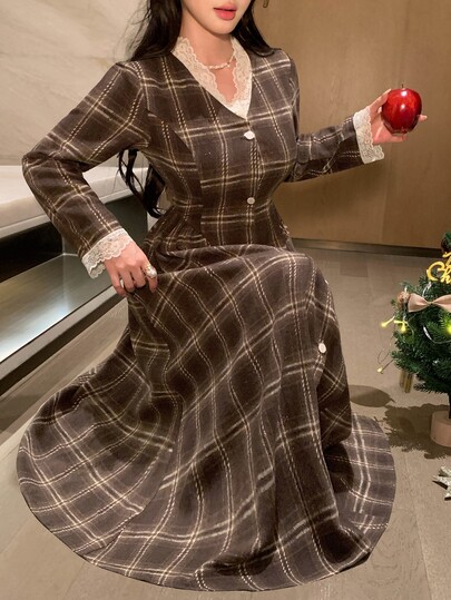 DAZY Vestido de invierno elegante para mujer con ribete de encaje y cintura ceñida a cuadros