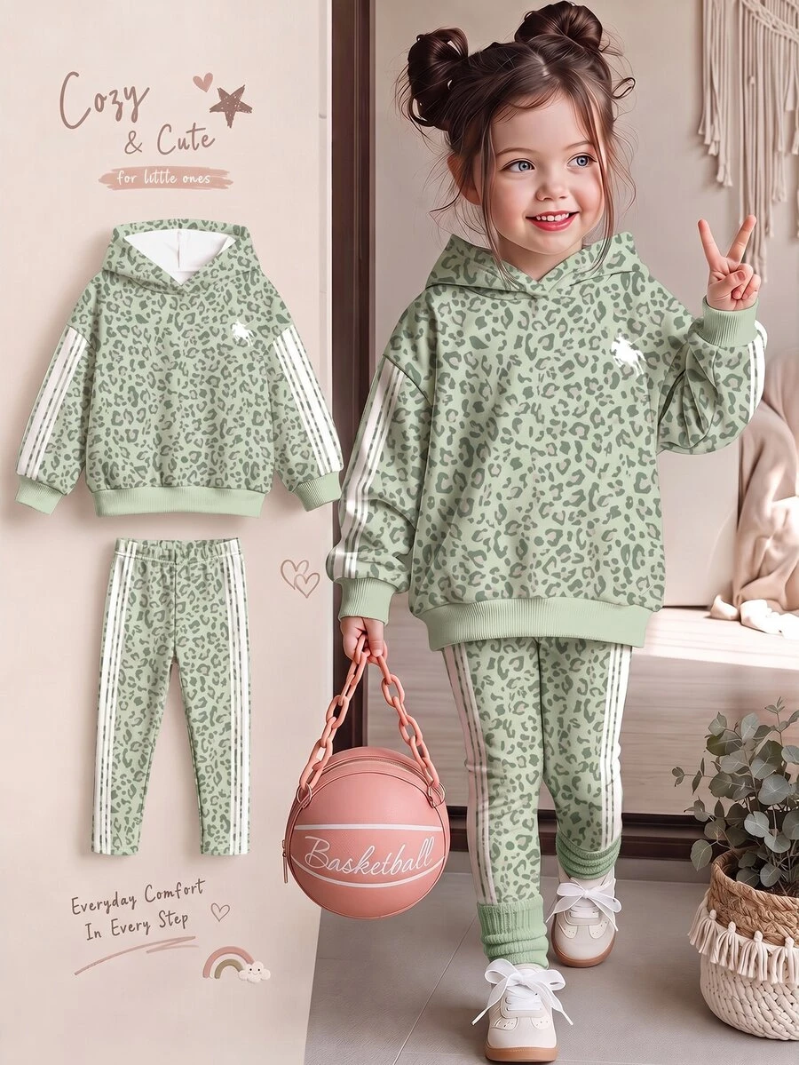 Young Girl Casual Long Kids Sleeve Hooded Sweatshirt & Leggings 2 Pieces Set, Suitable For Autumn/Winter - Multicolor - View 1