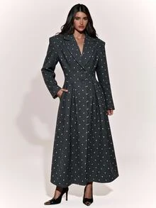 SHEIN BAE Women's Polka Dot Pattern Lapel Neck Long Sleeve Single-Breasted Pleated Design Overcoat - Grey - View 6