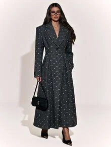 SHEIN BAE Women's Polka Dot Pattern Lapel Neck Long Sleeve Single-Breasted Pleated Design Overcoat - Grey - View 7