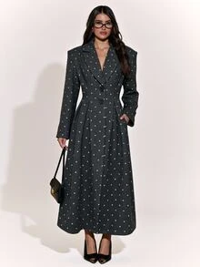 SHEIN BAE Women's Polka Dot Pattern Lapel Neck Long Sleeve Single-Breasted Pleated Design Overcoat - Grey - View 3