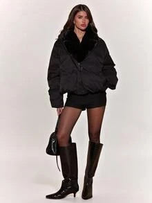 SHEIN BAE Women's Solid Color Long Sleeve Zipper Front Casual Winter Jacket - Black - View 3