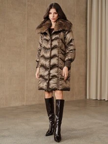 Anewsta Women's Autumn/Winter Modern Retro V-Stitch Quilted Loose Over-The-Knee Winter Coat - Coffee Brown - View 6