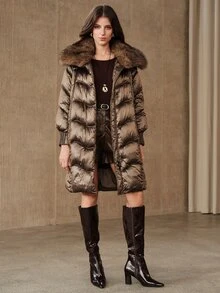 Anewsta Women's Autumn/Winter Modern Retro V-Stitch Quilted Loose Over-The-Knee Winter Coat - Coffee Brown - View 7