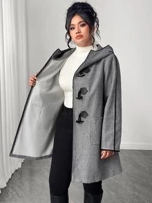 Elenzga Plus Size Women's Winter New Casual Commute College Style Horn Button Decor Black Lace Contrast Color Hooded Overcoat Jacket - Grey - View 8