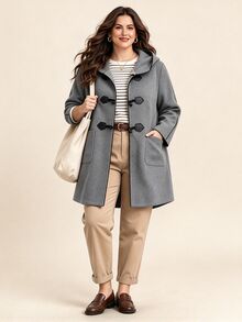 Elenzga Plus Size Women's Winter New Casual Commute College Style Horn Button Decor Black Lace Contrast Color Hooded Overcoat Jacket - Grey - View 7
