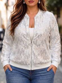 SHEIN LUNE CURVE جاكيت كاجوال مقاس كبير بقصة عادية، بأكمام طويلة وسحاب أمامي، من قماش مجعد ومنسوج مع طبقة ترتر، مناسب للخروجات والمواعيد والحفلات والتنقل اليومي - أبيض - مشاهدة 4