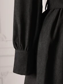 Rometta Plus Size Cinched Waist Corduroy Long Sleeve Dress, Autumn/Winter - Black - View 4