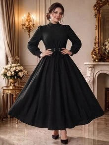 Rometta Plus Size Cinched Waist Corduroy Long Sleeve Dress, Autumn/Winter - Black - View 9