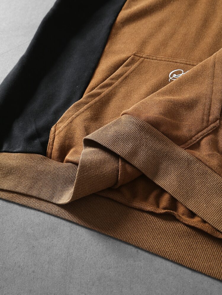 ROMWE MEN Men's Washed Distressed Fabric Colorblock Patchwork Loose Fit Hoodie - Brown - View 7