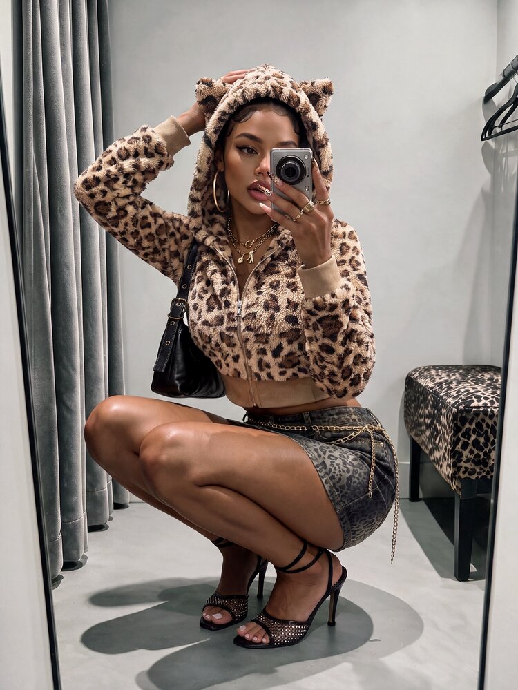 Amplova Women's Plush Cropped Sweatshirt With Cat Ears, Cute Y2K Sexy Style, Suitable For Daily Wear In Fall/ Halloween Nightout Going Out Beige - Hot Pink - View 5