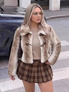 SHEIN ICON معطف فرو صناعي بنمط الرنة عتيق Y2K مقاس كبير، جاكيت الرنة لعيد الميلاد الشتوي - بني - مشاهدة 1